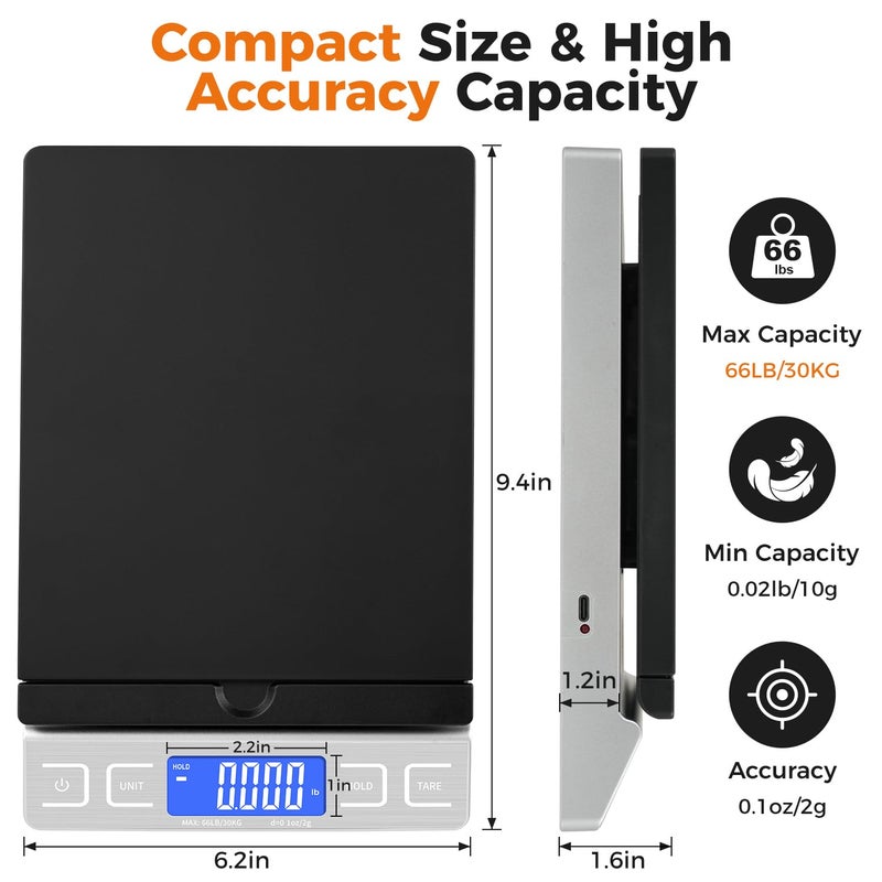TIPRE Digital Shipping Postal Scale, Mail Scale with Envelope Flip Holder, 66lb/0.1oz Postage Scale for Package, Small Business, Post Office, Hold&Tare Function, Battery&Type-C Charging Cable - Silver - Image 3
